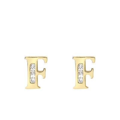 Letter F Yellow Gold 375 & Zirconium Oxide Stud Earrings - Emanessence