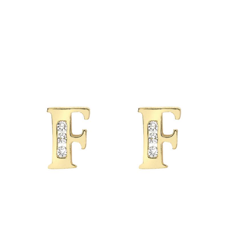 Letter F Yellow Gold 375 & Zirconium Oxide Stud Earrings - Emanessence