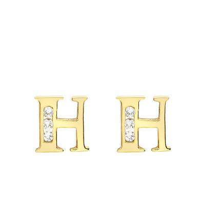 Letter H 375 Yellow Gold & Zirconium Oxide Stud Earrings - Emanessence