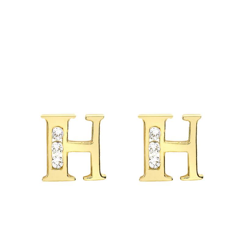Letter H 375 Yellow Gold & Zirconium Oxide Stud Earrings - Emanessence