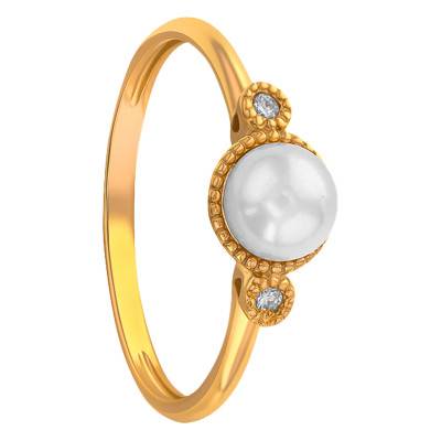 750/1000 Yellow Gold, 0.03 ct Diamonds & Cultured Pearl Ring - Emanessence