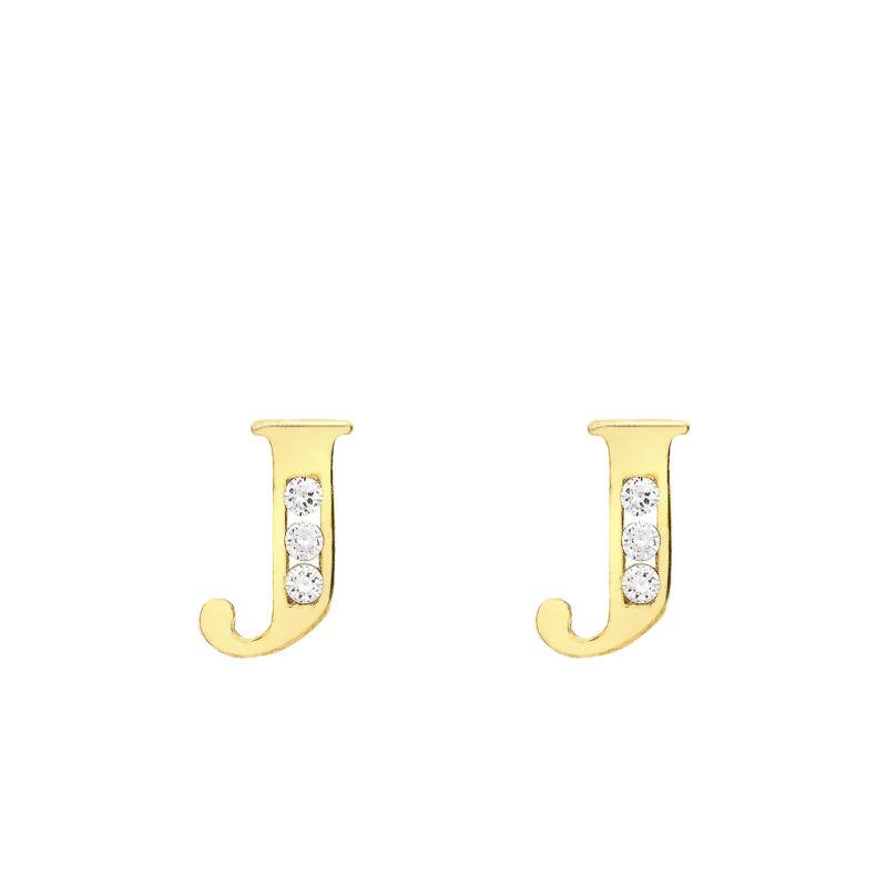 Yellow Gold 375/1000 & Cubic Zirconia Letter J Stud Earrings - Emanessence