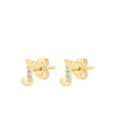 Yellow Gold 375/1000 & Cubic Zirconia Letter J Stud Earrings - Emanessence
