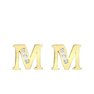 375 Yellow Gold & Zirconium Oxide Letter M Stud Earrings - Emanessence