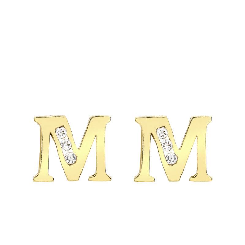 375 Yellow Gold & Zirconium Oxide Letter M Stud Earrings - Emanessence