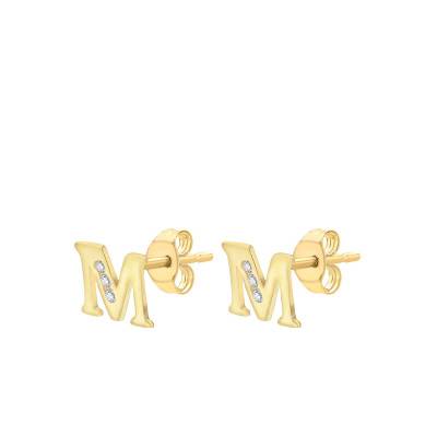 375 Yellow Gold & Zirconium Oxide Letter M Stud Earrings - Emanessence