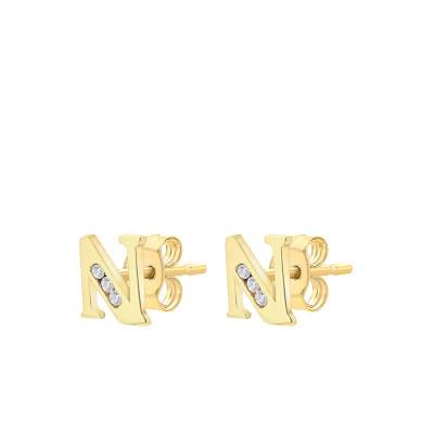 375 Yellow Gold & Zirconium Oxide Letter N Stud Earrings - Emanessence