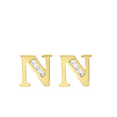 375 Yellow Gold & Zirconium Oxide Letter N Stud Earrings - Emanessence