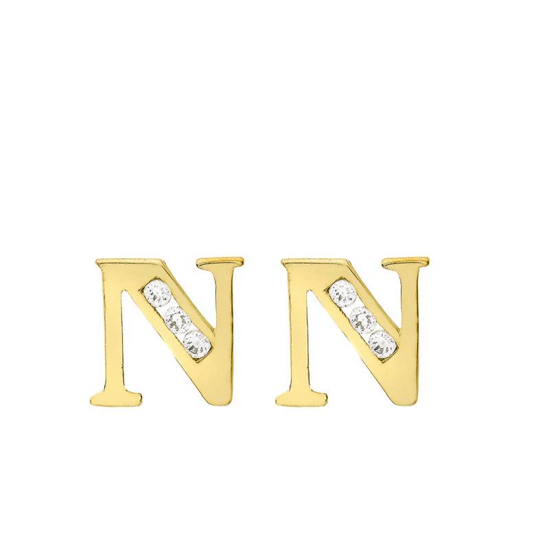 375 Yellow Gold & Zirconium Oxide Letter N Stud Earrings - Emanessence