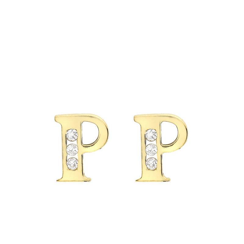 Yellow Gold 375 & Zirconium Oxide Letter P Stud Earrings - Emanessence