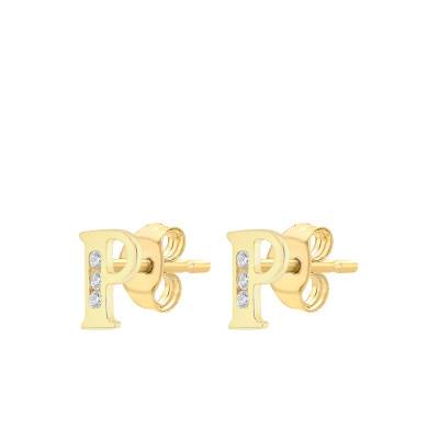 Yellow Gold 375 & Zirconium Oxide Letter P Stud Earrings - Emanessence