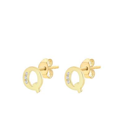 Yellow Gold 375 & Zirconium Oxide Letter Q Stud Earrings - Emanessence