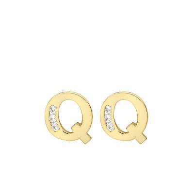 Yellow Gold 375 & Zirconium Oxide Letter Q Stud Earrings - Emanessence