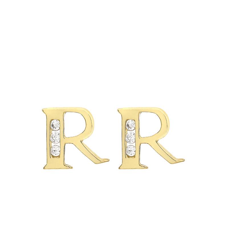 375 Yellow Gold & Zirconium Oxide Stud Earrings Letter R - Emanessence