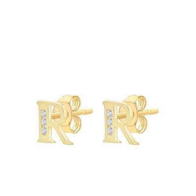 375 Yellow Gold & Zirconium Oxide Stud Earrings Letter R - Emanessence