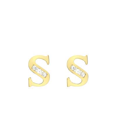 375 Yellow Gold & Zirconium Oxide Letter S Stud Earrings - Emanessence
