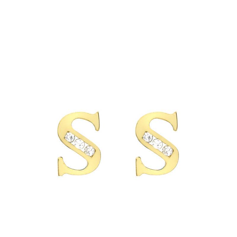 375 Yellow Gold & Zirconium Oxide Letter S Stud Earrings - Emanessence