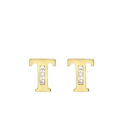 375 Yellow Gold & Zirconium Oxide Letter T Stud Earrings - Emanessence