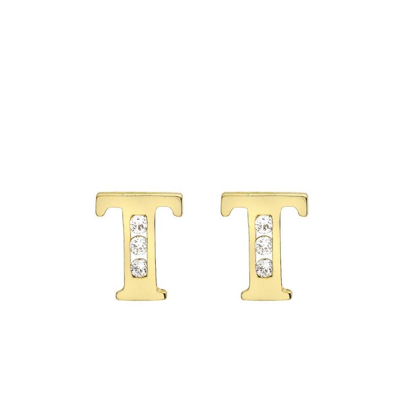 375 Yellow Gold & Zirconium Oxide Letter T Stud Earrings - Emanessence