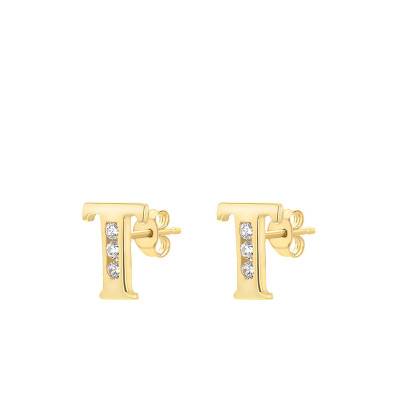 375 Yellow Gold & Zirconium Oxide Letter T Stud Earrings - Emanessence
