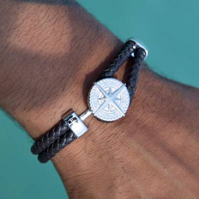 Brown Braided Leather & Steel Cap Horn Bracelet, Length 21 cm - HB0803 - Rochet