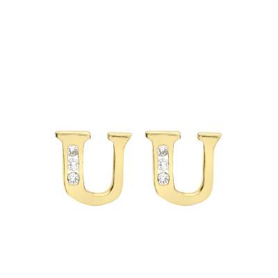Yellow Gold 375 & Zirconium Oxide Letter U Stud Earrings - Emanessence