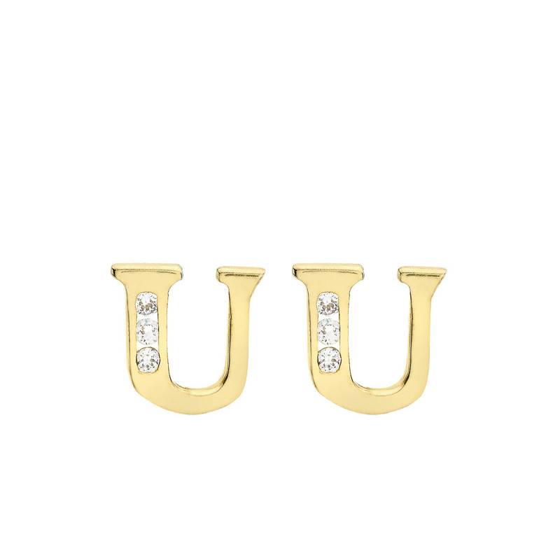 Yellow Gold 375 & Zirconium Oxide Letter U Stud Earrings - Emanessence
