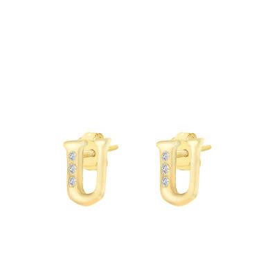Yellow Gold 375 & Zirconium Oxide Letter U Stud Earrings - Emanessence