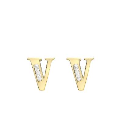 375 Yellow Gold & Cubic Zirconia Letter V Stud Earrings - Emanessence