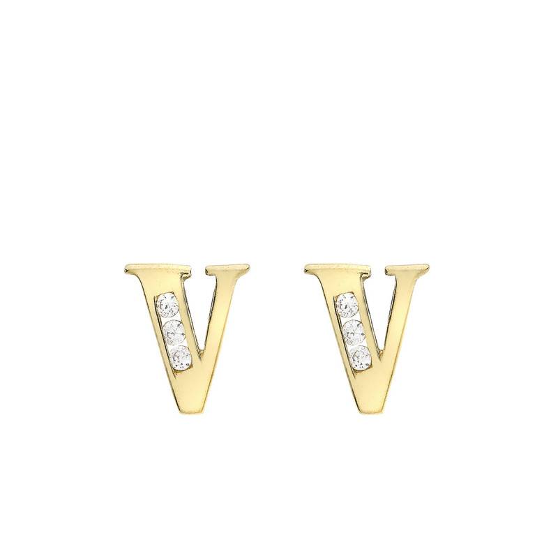 375 Yellow Gold & Cubic Zirconia Letter V Stud Earrings - Emanessence