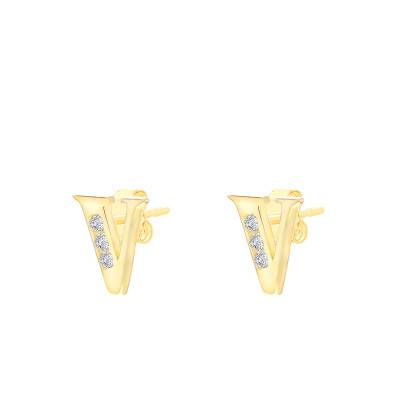 375 Yellow Gold & Cubic Zirconia Letter V Stud Earrings - Emanessence