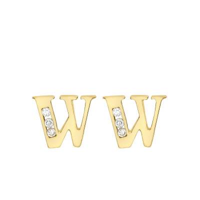 Yellow Gold 375 & Zirconium Oxide Letter W Stud Earrings - Emanessence