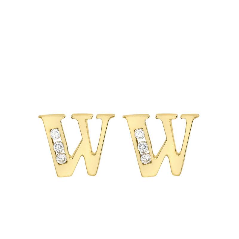 Yellow Gold 375 & Zirconium Oxide Letter W Stud Earrings - Emanessence
