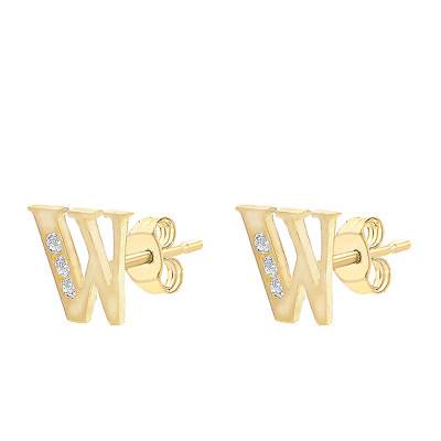 Yellow Gold 375 & Zirconium Oxide Letter W Stud Earrings - Emanessence