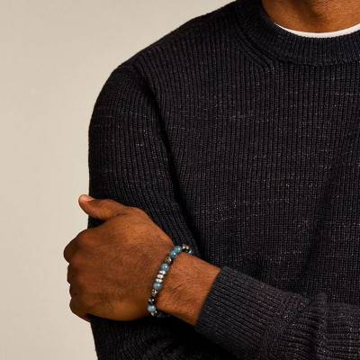 Bracelet All Stacked Up en Cordon Noir & Perles Bleues et Marron, Longueur 25,50 cm - Fossil