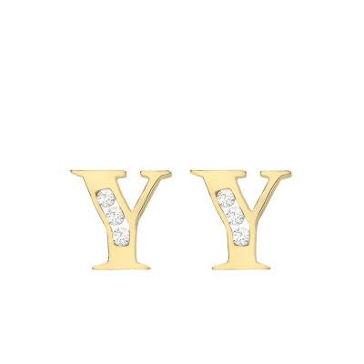 Yellow Gold 375 & Zirconium Oxide Letter Y Stud Earrings - Emanessence