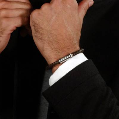 Brown Braided Leather & Steel Ares Single Bracelet, Length 19 cm to 20 cm - 1580623 - Boss