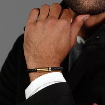 Ares Single Black Braided Leather and Gold-Tone Steel Bracelet, Length 19 cm to 20 cm - 1580624 - Boss