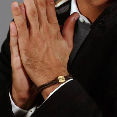 Bracelet Seal Cuir Marron & Acier Doré, Longueur 19 cm - 1580667M - Boss