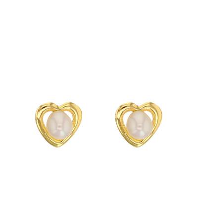 750 Yellow Gold & Freshwater Cultured Pearl Heart Stud Earrings - Emanessence