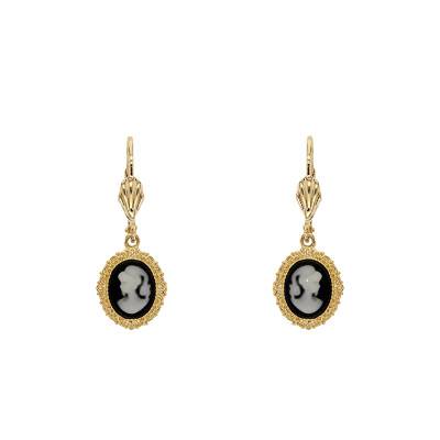Boucles d'Oreilles Dormeuses Camée Plaqué Or, Noires et Blanches - Emanessence