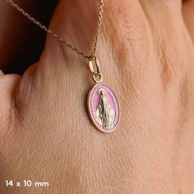 Médaille Miraculeuse Vierge Marie en Or Jaune 750 & Émail Rose - Vandona