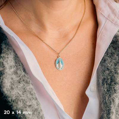 750/1000 Yellow Gold & Blue Enamel Miraculous Virgin Mary Medal - Vandona