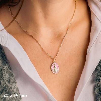 750/1000 Yellow Gold & Pink Enamel Miraculous Virgin Mary Medal - Vandona
