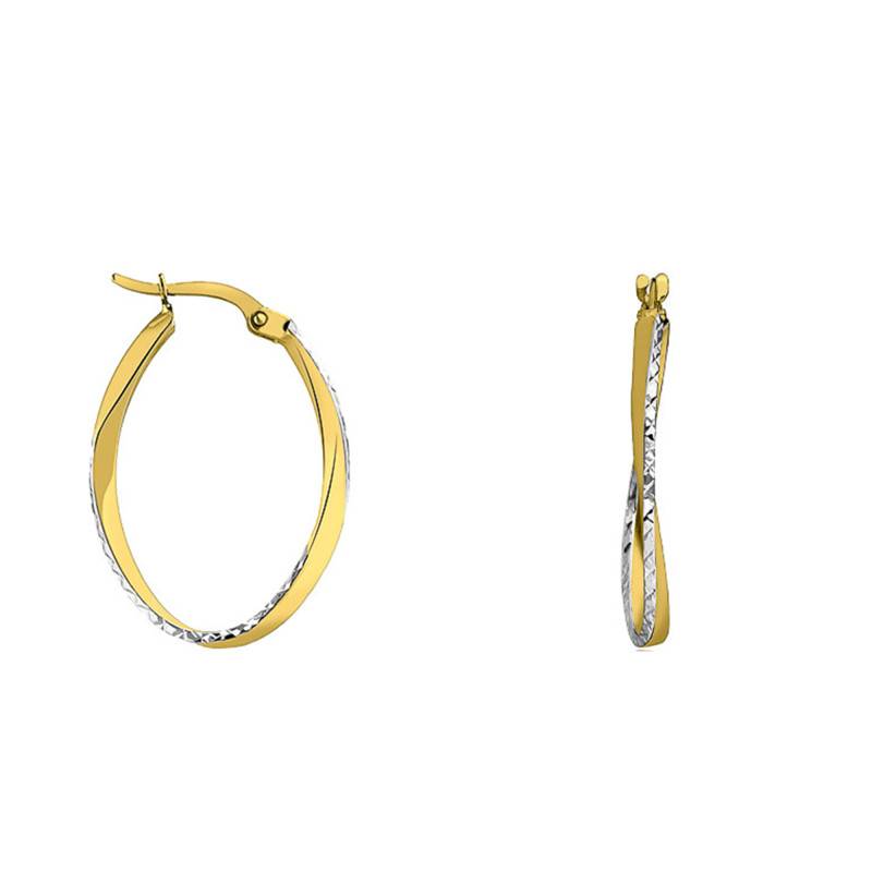 375 Yellow Gold Diamond-Cut Oval Bicolor Hoop Earrings - Emanessence