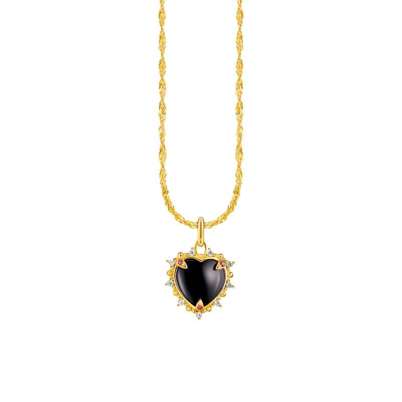 "Yellow Gold-Plated & Cubic Zirconia and Sapphire Black Heart Necklace, Length 40 cm to 45 cm, Width 2.30 mm - KE2297-995-1" - Thomas Sabo