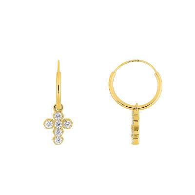Boucles d'Oreilles Créoles Croix en Oxyde de Zirconium & Or Jaune 375, Diamètre 1 cm - Emanessence