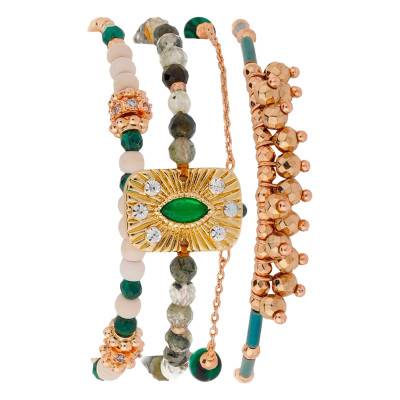 Manchette Karmelia Multi-liens Dorée, Perles & Pierres, Longueur 16 cm à 18 cm - Hipanema