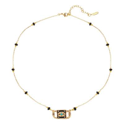 Venera Gold & Pearl Necklace, Black Enamel & Rhinestones, Length 35 cm to 40 cm - Hipanema