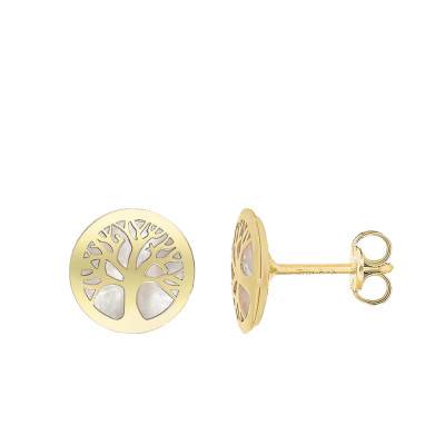 375 Yellow Gold & Mother-of-Pearl Tree of Life Stud Earrings - Emanessence